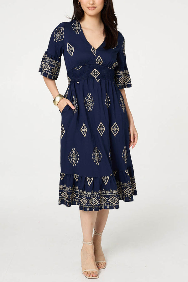 Embroidered Border 1/2 Sleeve Midi Dress| NAVY