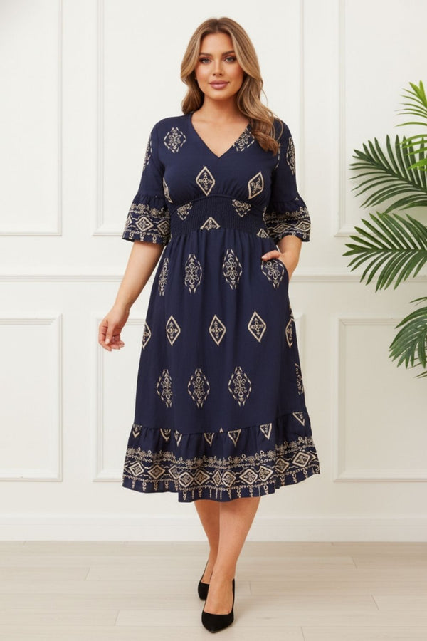 Embroidered Border 1/2 Sleeve Midi Dress