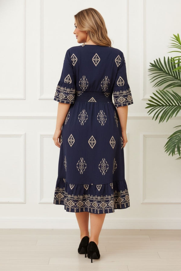 Embroidered Border 1/2 Sleeve Midi Dress