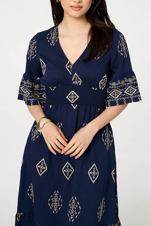 Embroidered Border 1/2 Sleeve Midi Dress| NAVY
