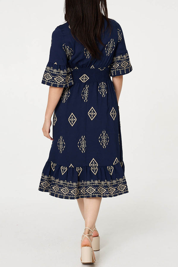 Embroidered Border 1/2 Sleeve Midi Dress| NAVY