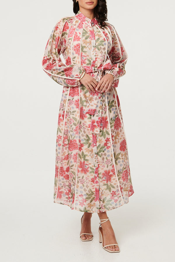 MULTIPINK / Floral Trim Detail Tie Waist Maxi Dress