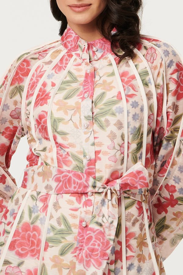 MULTIPINK / Floral Trim Detail Tie Waist Maxi Dress