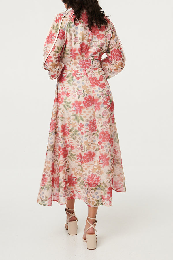 MULTIPINK / Floral Trim Detail Tie Waist Maxi Dress