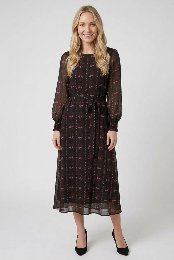 Printed Layer Long Sleeve Midi Dress| MULTI BLACK