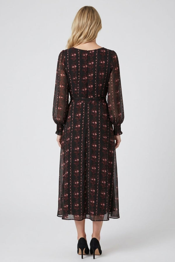 Printed Layer Long Sleeve Midi Dress| MULTI BLACK