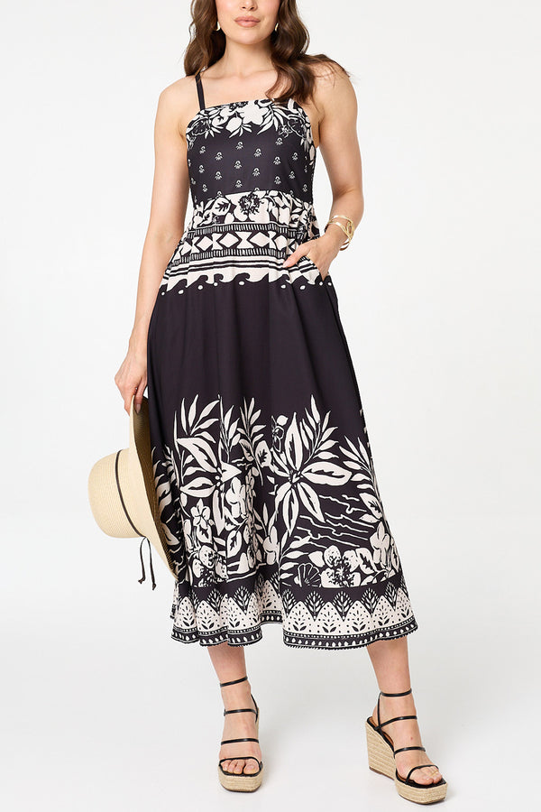 Printed Shirred Cami Strap Midi Dress| BLACK
