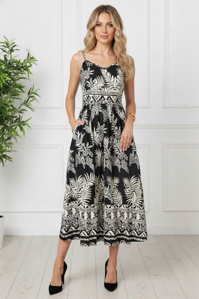 Printed Shirred Cami Strap Midi Dress