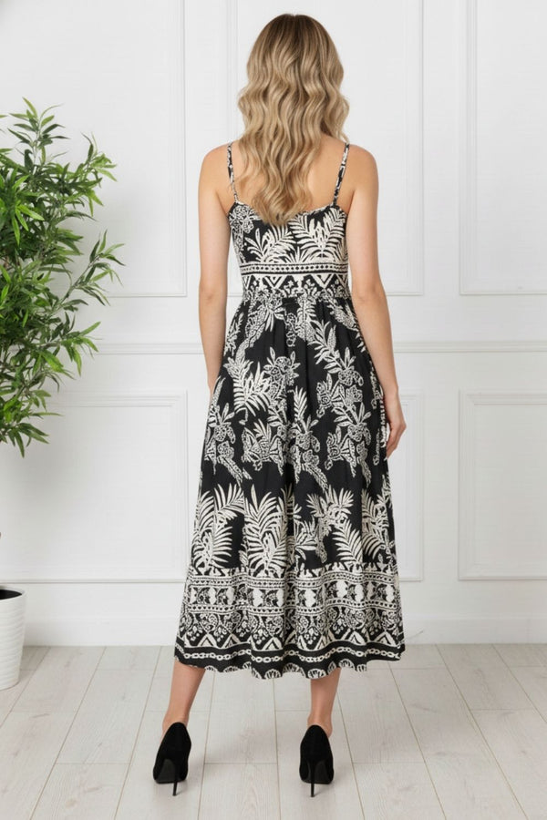 Printed Shirred Cami Strap Midi Dress