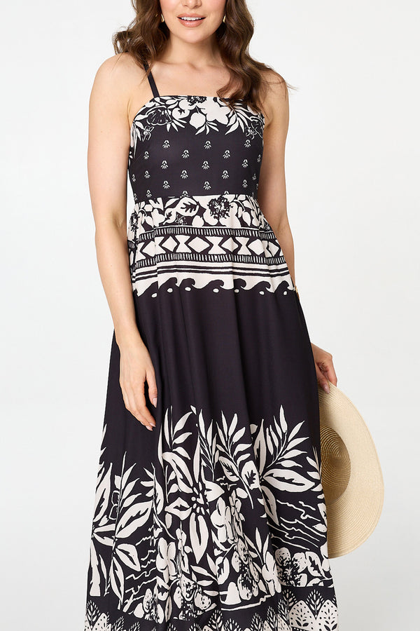 Printed Shirred Cami Strap Midi Dress| BLACK