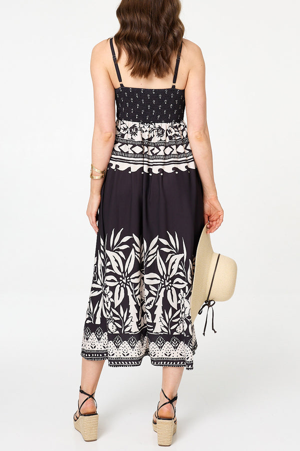 Printed Shirred Cami Strap Midi Dress| BLACK