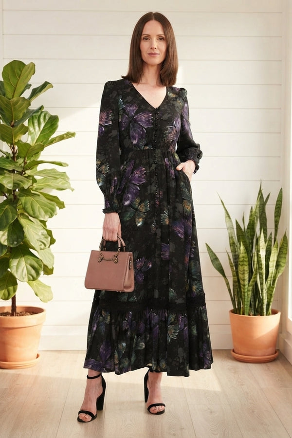 Floral Long Sleeve Shirred Maxi Dress| MULTI BLACK