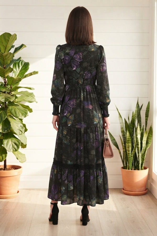 Floral Long Sleeve Shirred Maxi Dress| MULTI BLACK