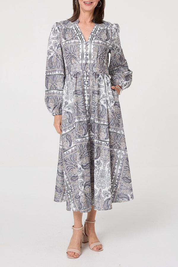  MULTIGREY / Printed Long Balloon Sleeve Midi Dress