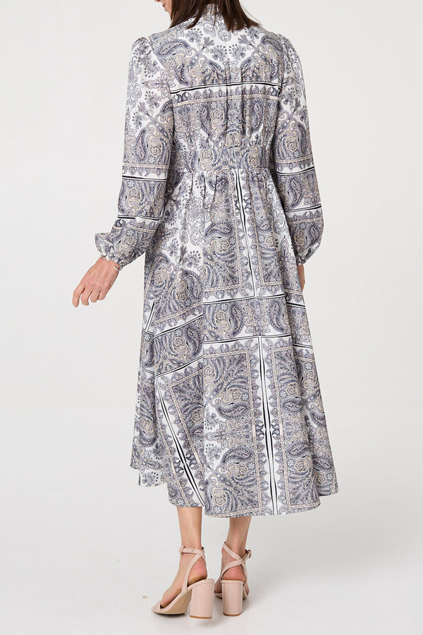  MULTIGREY / Printed Long Balloon Sleeve Midi Dress