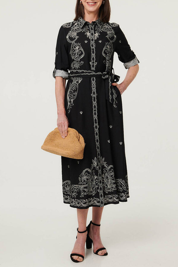 Border Print Tie Waist Midi Shirt Dress| BLACK