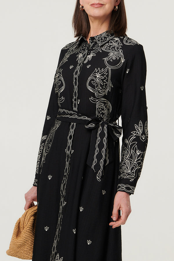 Border Print Tie Waist Midi Shirt Dress| BLACK