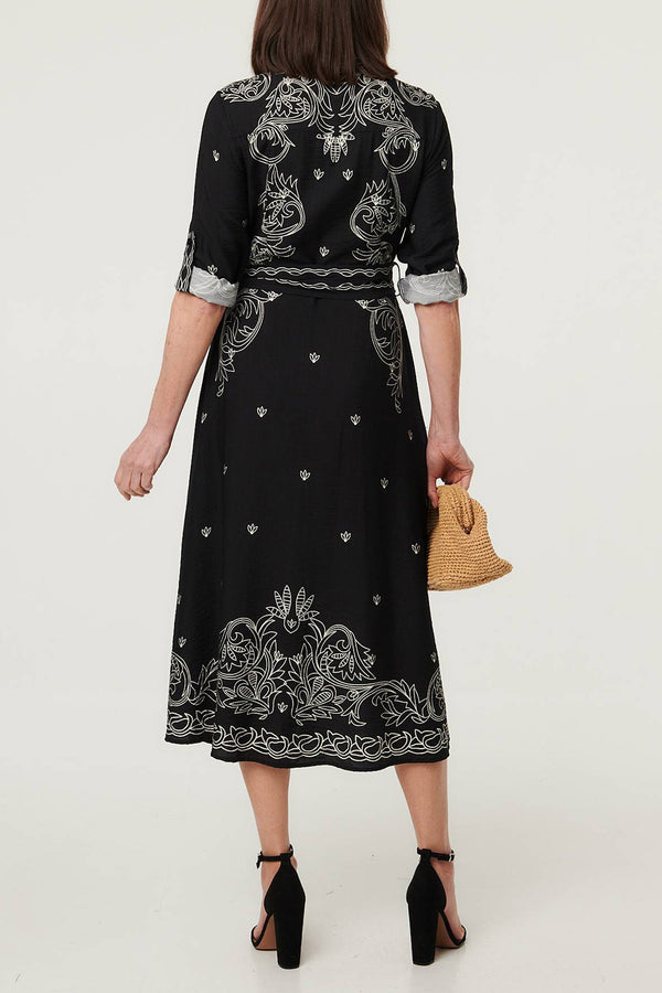 Border Print Tie Waist Midi Shirt Dress| BLACK