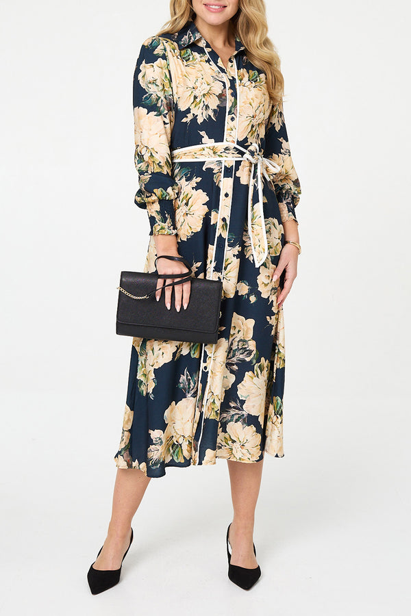 NAVY / Floral Long Sleeve Tie Midi Shirt Dress