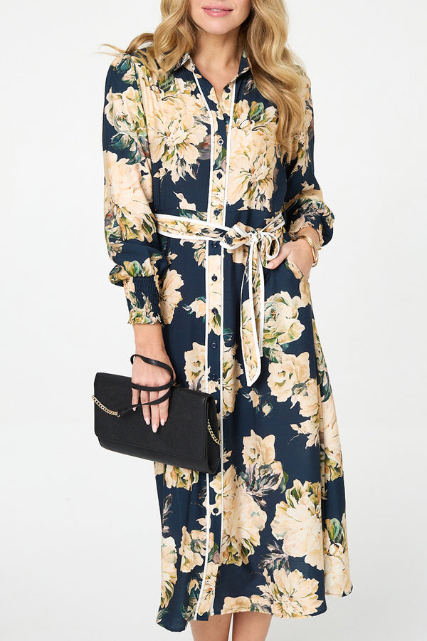 NAVY / Floral Long Sleeve Tie Midi Shirt Dress