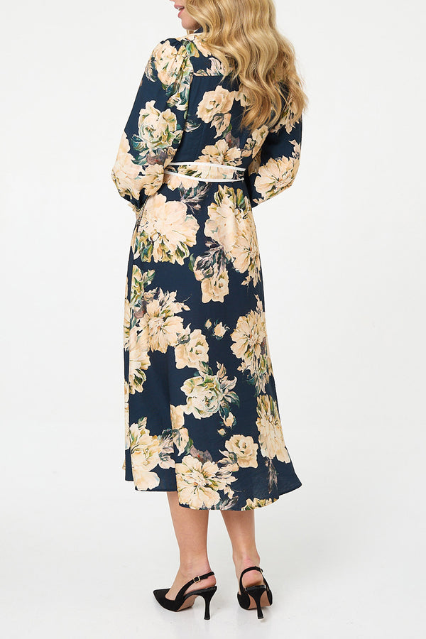 NAVY / Floral Long Sleeve Tie Midi Shirt Dress