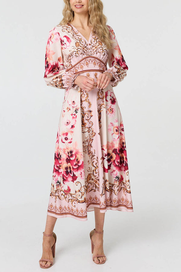 Floral Border Long Sleeve Maxi Dress| PINK