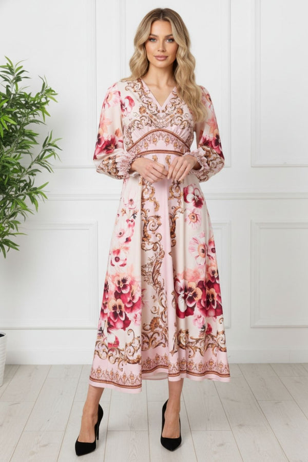Floral Border Long Sleeve Maxi Dress