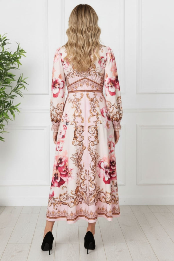 Floral Border Long Sleeve Maxi Dress