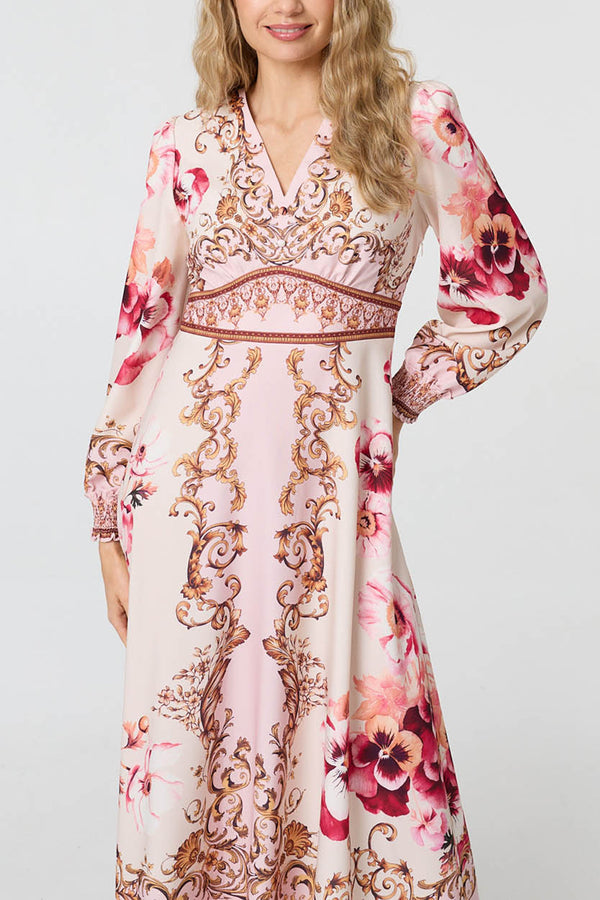 Floral Border Long Sleeve Maxi Dress| PINK
