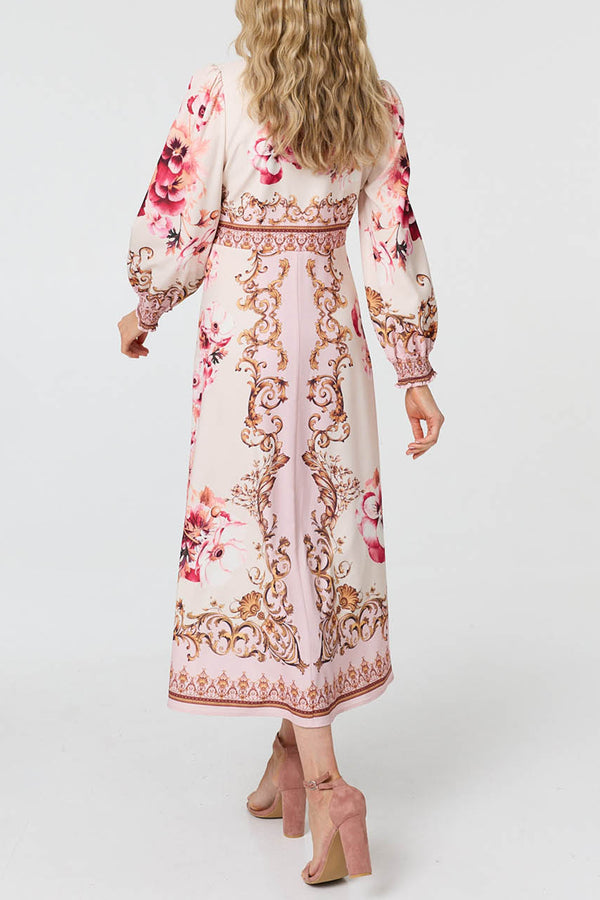 Floral Border Long Sleeve Maxi Dress| PINK