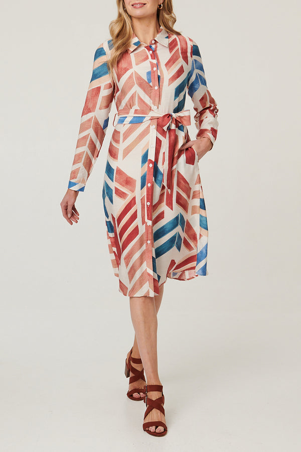 RED / Geo Print Tie Waist Midi Shirt Dress