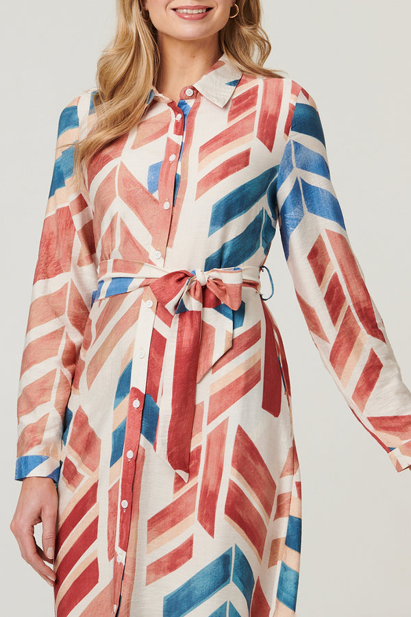 RED / Geo Print Tie Waist Midi Shirt Dress