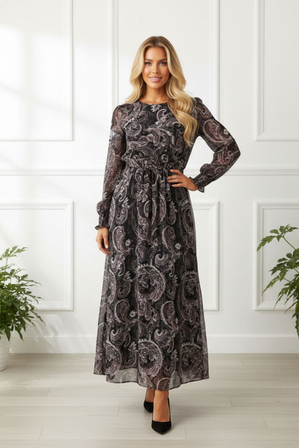 Paisley Print Layered Mesh Maxi Dress| PURPLE