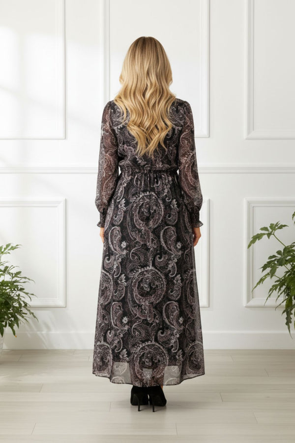 Paisley Print Layered Mesh Maxi Dress| PURPLE