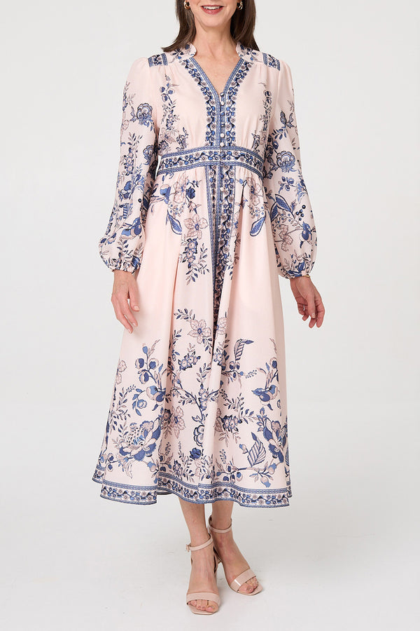Border Print Long Puff Sleeve Maxi Dress