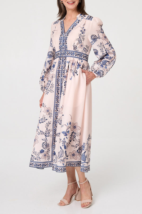 Border Print Long Puff Sleeve Maxi Dress