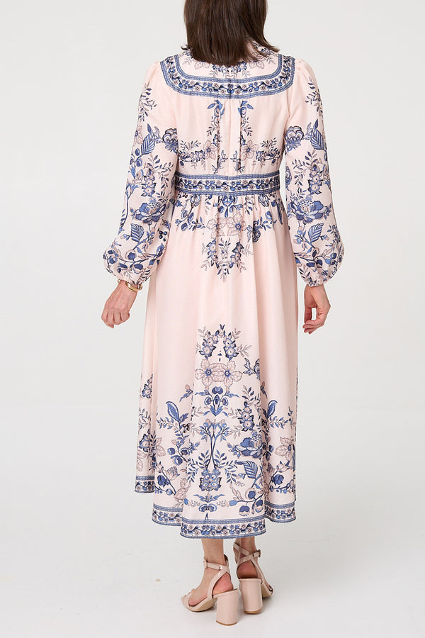 Border Print Long Puff Sleeve Maxi Dress