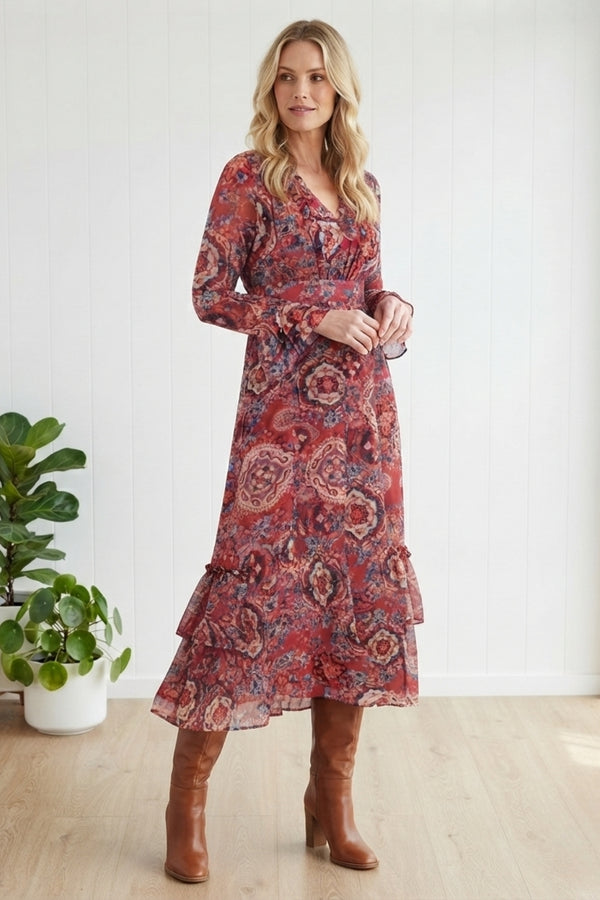 Abstract Long Sleeve A-Line Maxi Dress| RED