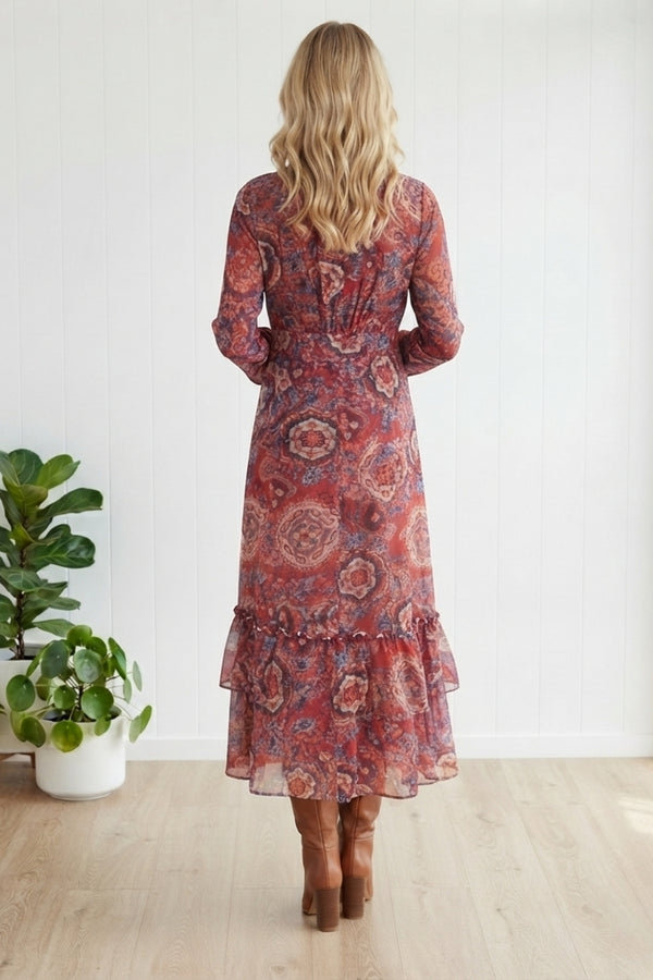 Abstract Long Sleeve A-Line Maxi Dress| RED