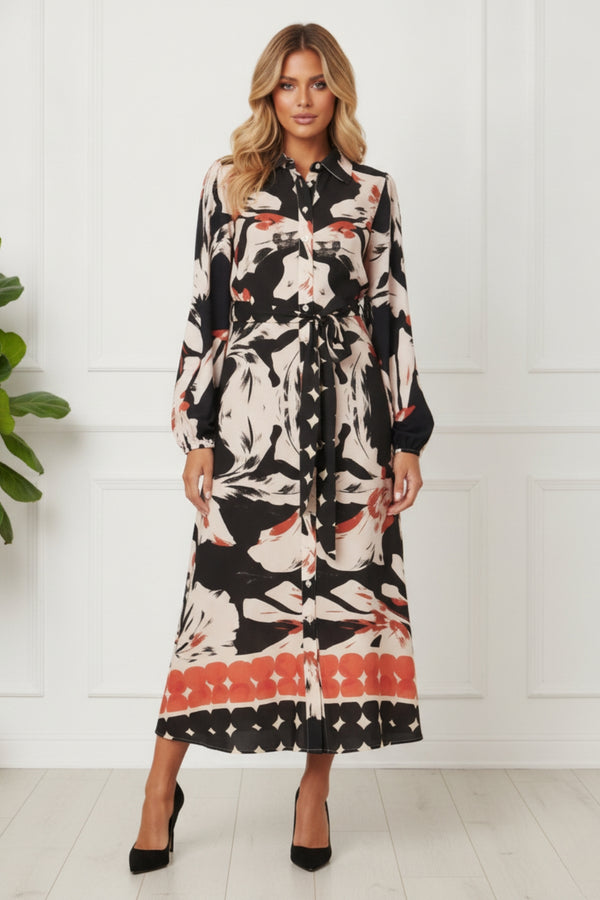 Abstract Long Sleeve Maxi Shirt Dress| MULTI_BLACK