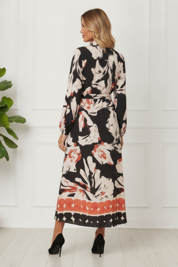 Abstract Long Sleeve Maxi Shirt Dress| MULTI_BLACK