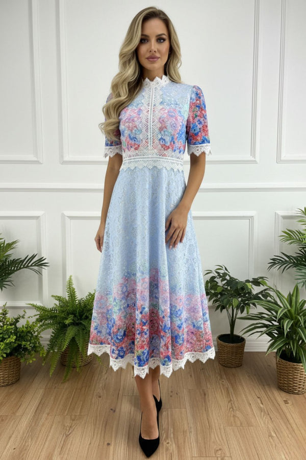 Floral Lace 1/2 Sleeve A-Line Midi Dress| BLUE