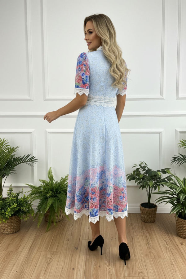 Floral Lace 1/2 Sleeve A-Line Midi Dress| BLUE