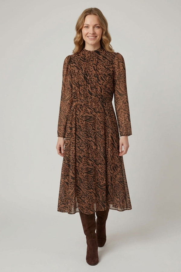 Animal Print High Neck Ruched Midi Dress| BROWN