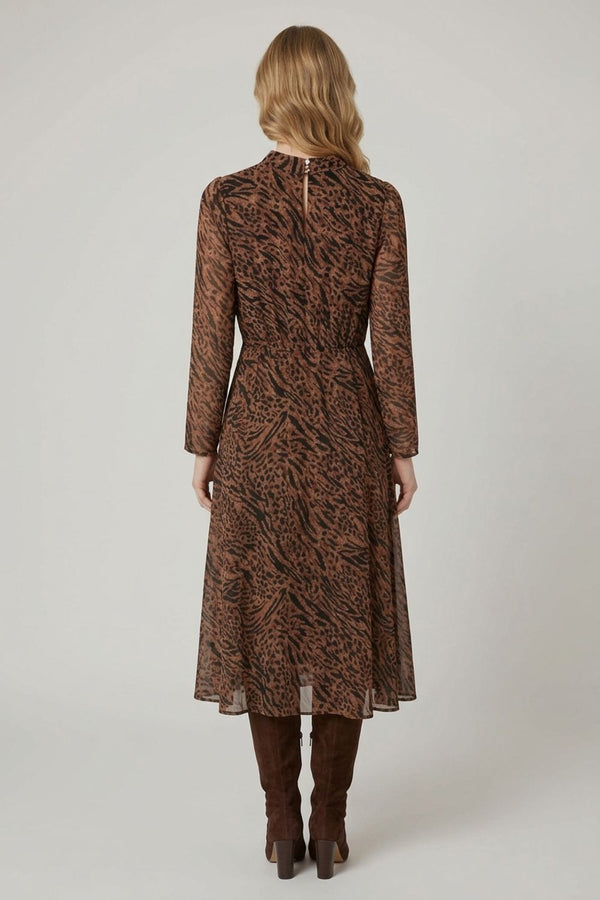 Animal Print High Neck Ruched Midi Dress| BROWN