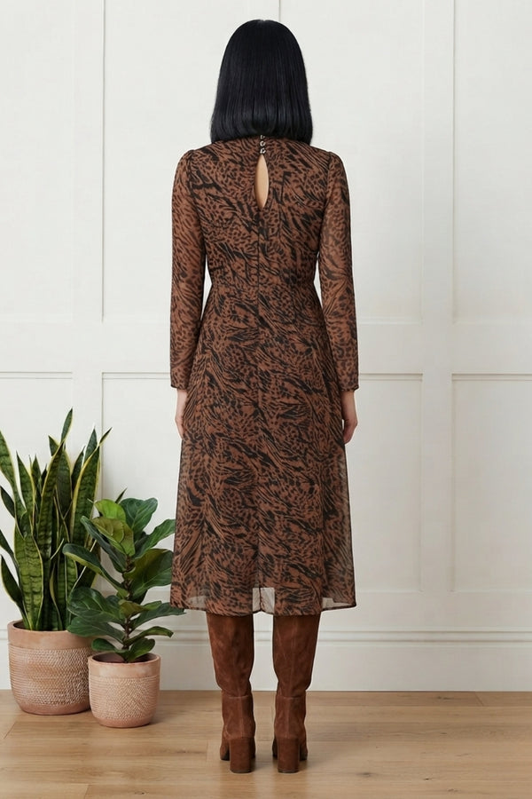 Animal Print High Neck Ruched Midi Dress| MULTI BROWN