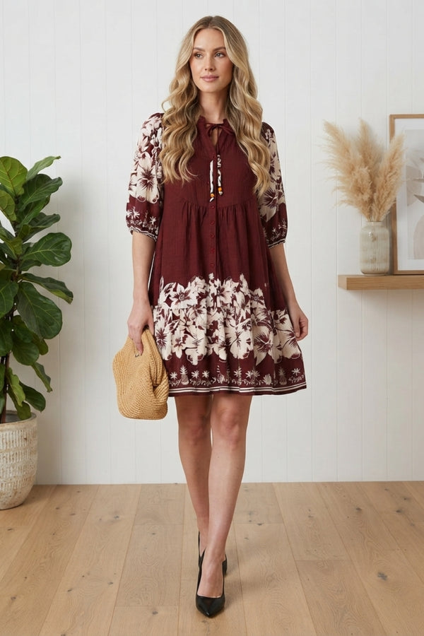 Printed Knee Length 1/2 Sleeve Dress| BURGUNDY