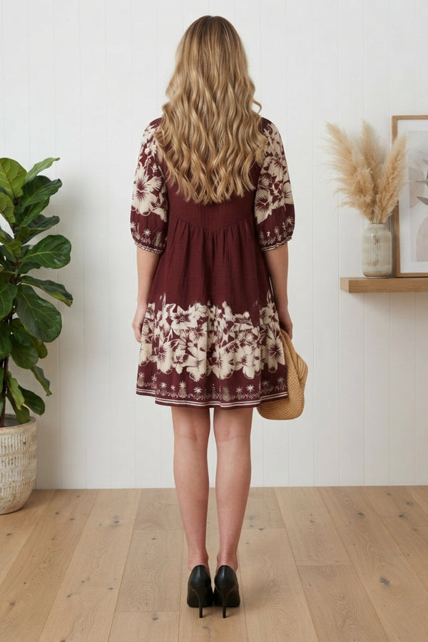 Printed Knee Length 1/2 Sleeve Dress| BURGUNDY