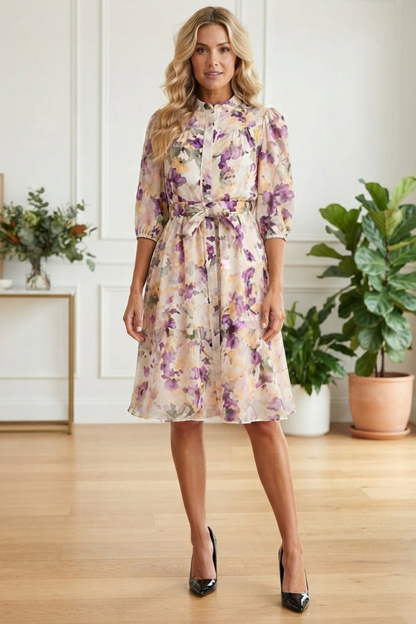 Floral 3/4 Sleeve Belt Waist Midi Dress| MULTIPURPLE