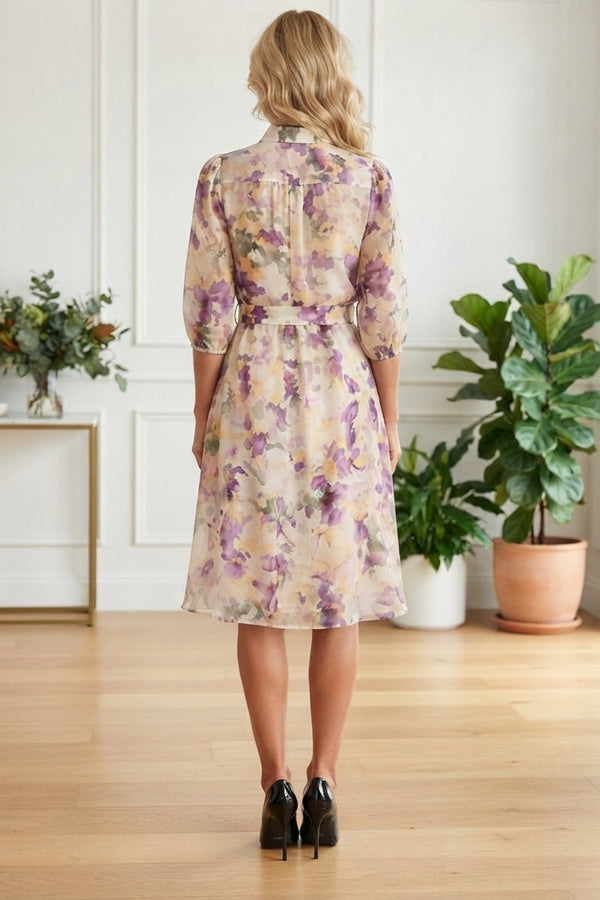 Floral 3/4 Sleeve Belt Waist Midi Dress| MULTIPURPLE